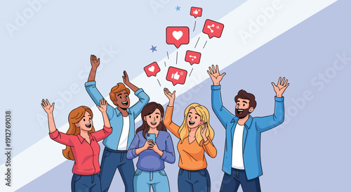 Group of People Celebrating with Social Media Icons.