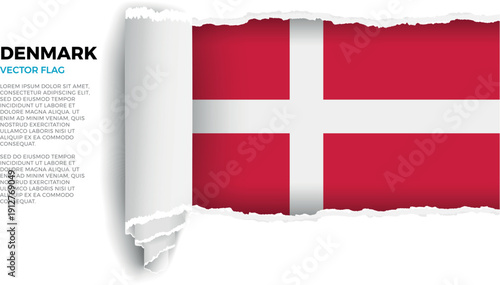 Flag of Denmark. Flag revealed through torn paper rolled up on a transparent background