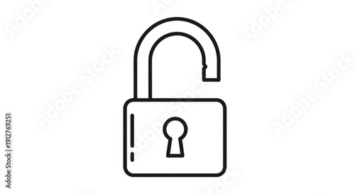 Open padlock icon with curved shackle and keyhole symbolizing security and protection on a white background