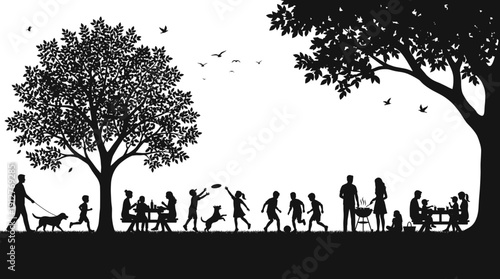 Family picnic in city park vector illustration. Black and white urban landscape with big tree, table and skyline. Parents eating lunch while boy skateboarding on grass.
