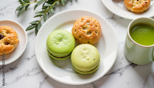 Elegant green tea macarons on cafe table, afternoon indulgence