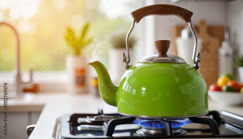 Steaming green tea kettle on gas stove in warm kitchen, morning freshness
