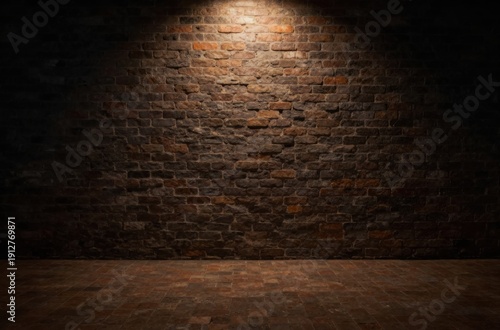 Dramatic Spotlight on a Rustic Brick Wall Interior, Creating an Atmospheric Background for Product Photography