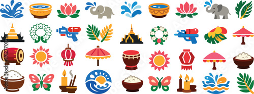 Songkran Festival Icon Vector Set Thai New Year Water Celebration Symbols Collection
