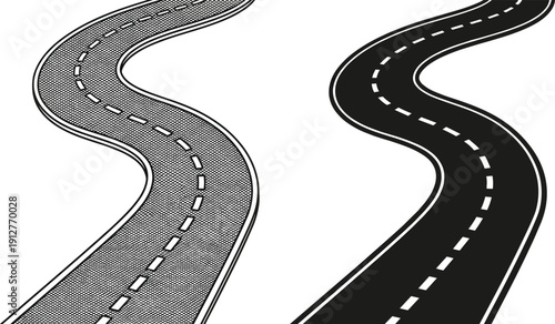 Winding curved road silhouette set, black and white asphalt highway illustration with dashed lane markings, isolated transportation design element