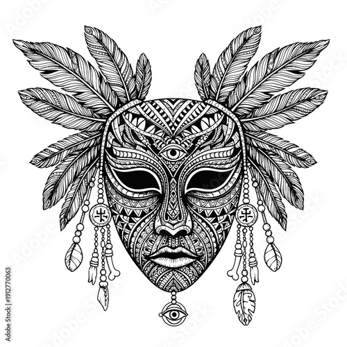 Detailed black and white illustration of an ornate tribal mask with intricate patterns, feathers, and dangling charms, featuring an all-seeing eye motif.