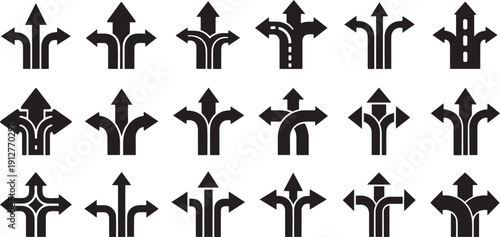 Black directional arrows on white background indicating multiple paths and choices black arrows signs