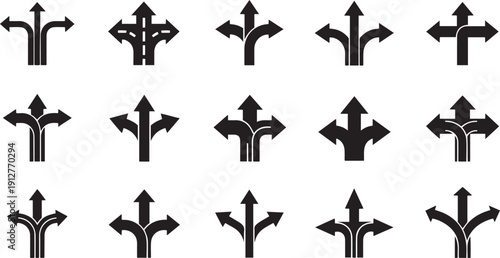 Black directional arrows merging and splitting on white background black arrows directional signs merging arrows