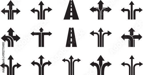 Black road and arrow direction signs on white background road signs arrow signs black and white traffic signs