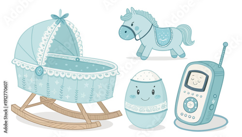 Soft pastel blue baby elements flat vector collection with rocking cradle horse egg and phone on white background for nursery
