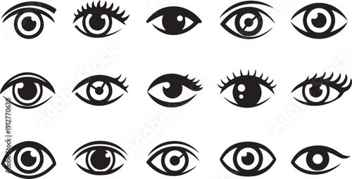 Fifteen black eye symbols on white background eyes
