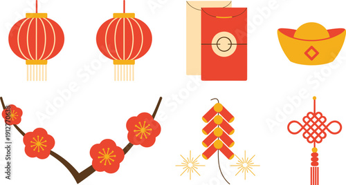 Chinese New Year festive decoration set with red lantern envelope gold ingot plum blossom firecrackers and traditional knot