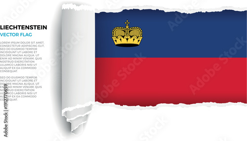 Flag of Liechtenstein. Flag revealed through torn paper rolled up on a transparent background