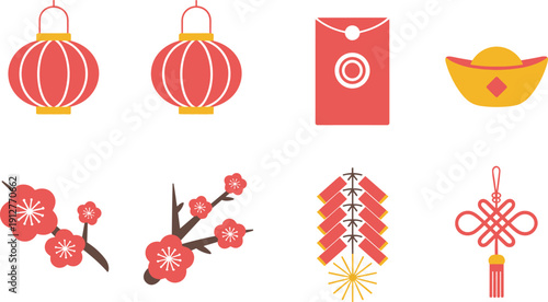 Chinese New Year icon set with red lantern envelope gold ingot plum blossom firecrackers traditional festival vector illustration