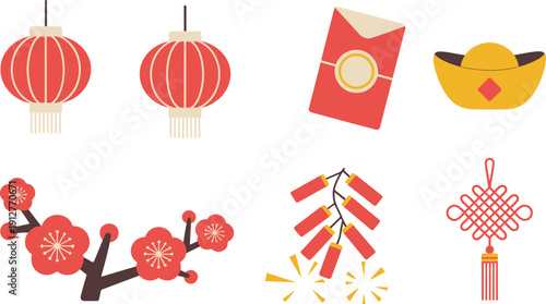 Chinese New Year traditional symbols set with red lantern envelope gold ingot plum blossom firecrackers and knot decoration vector