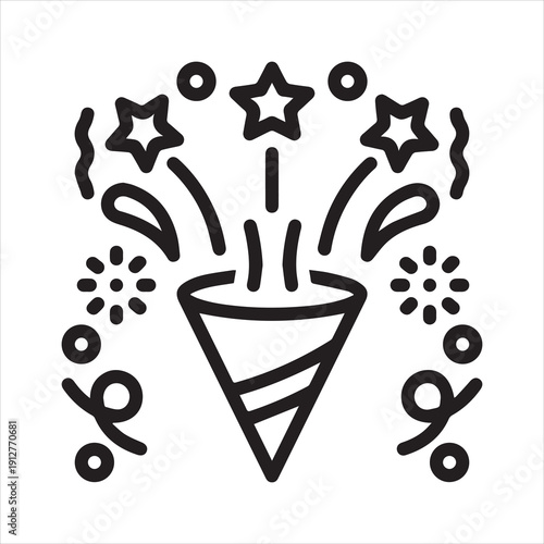 Black and white line drawing of party popper with confetti and stars