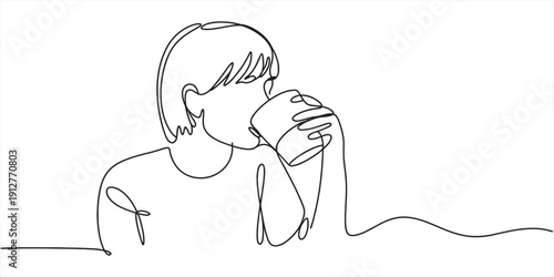 Continuous line drawing of a woman drinking coffee or tea from a mug in a minimalist style. Vector, illustration
