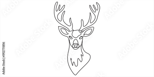 Black and white line drawing of a majestic deer head with large antlers on a white background Vector, illustration