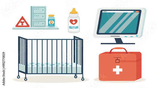 Newborn safety items flat vector set including baby crib first aid kit and warning signs for childcare