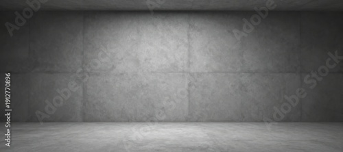 Empty concrete room with textured wall and floor, illuminated by spotlight, perfect for product display