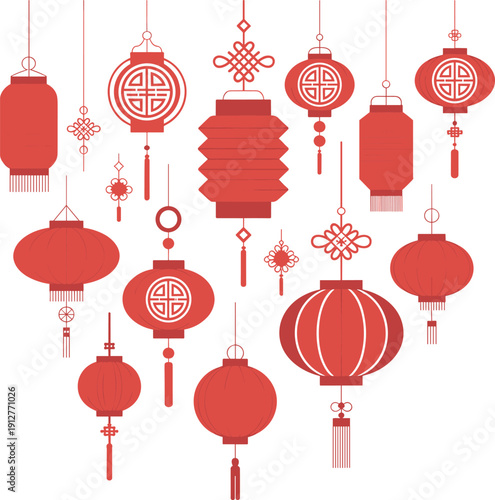 Traditional red Chinese lantern collection with decorative knots and tassels for Lunar New Year festival hanging ornament illustration