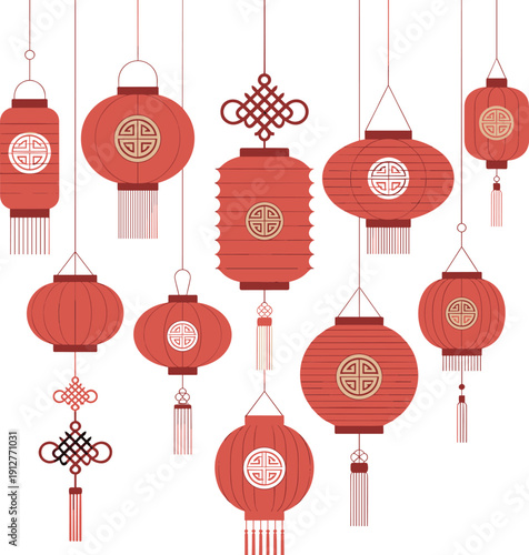 Traditional red Chinese lantern collection with hanging tassels and knot ornaments for Lunar New Year festival decoration illustration