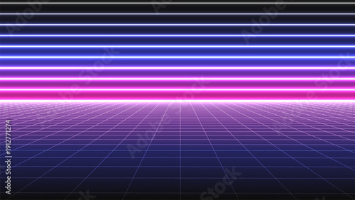 Retro fantastic background of the 80s. Vector wireframe landscape with night sky. Futuristic colors neon scenery.