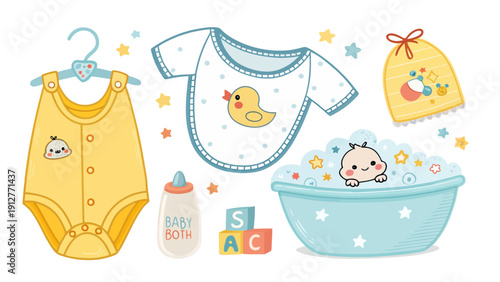 Cartoon newborn baby boy daily items vector set with duck onesie bath bottle blocks and toys for nursery decoration