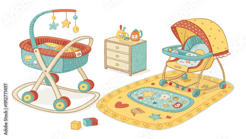 Cartoon baby equipment vector set with stroller crib changing table and playmat for childcare
