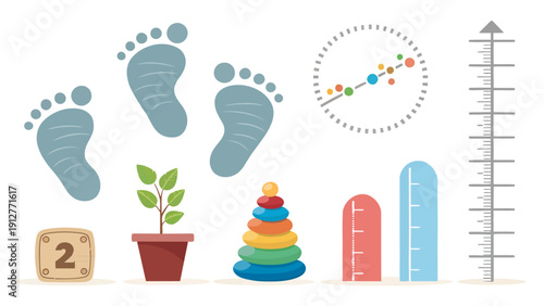 Baby milestone elements flat vector collection with baby feet growth chart plant and toys for infographics
