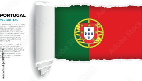 Flag of Portugal. Flag revealed through torn paper rolled up on a transparent background