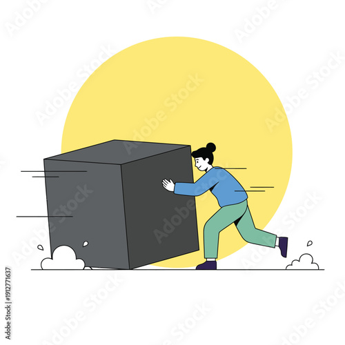 Concept of hard work, persistence, and overcoming obstacles. Illustration of a woman pushing a heavy block, representing problem-solving, determination, and professional ambition in a minimalist style