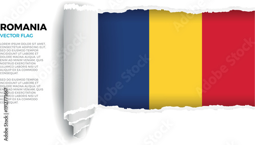 Flag of Romania. Flag revealed through torn paper rolled up on a transparent background