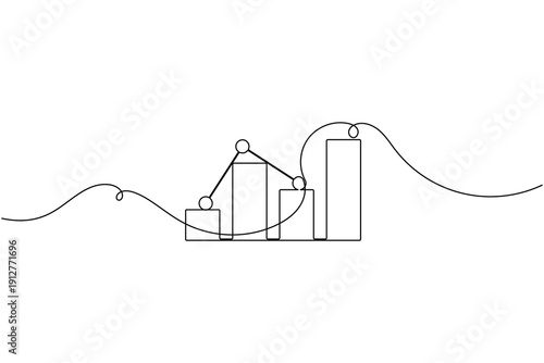 Data network with business growth bar icon continuous one line drawing on white background minimalist analytics rising chart balance nodes symbol outline vector illustration