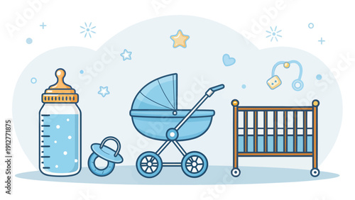 Baby boy essentials flat vector set with stroller crib bottle and pacifier on white background with stars