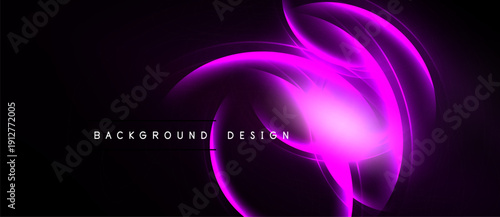 Bright purple abstract lines swirl against black backdrop. Dynamic energy radiates from central glowing point. Modern design element.