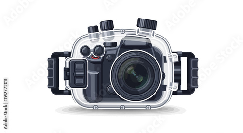 Underwater camera with protective housing showcased in a clear and detailed illustration
