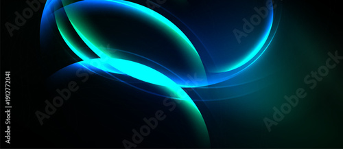 Abstract glowing shapes dominate dark background. Blue, teal hues create dynamic energy, smooth curves suggest movement. Minimalist design.