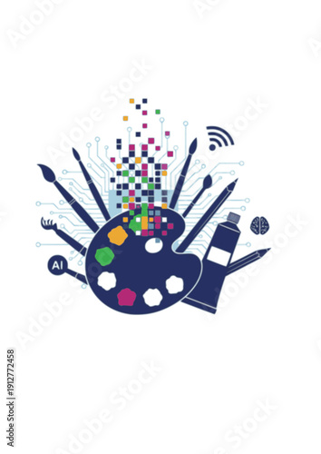 Artist painting with digital pixels creative AI technology concept silhouette vector illustration
