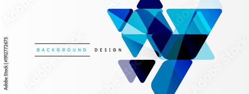 Abstract geometric shapes form dynamic composition. Blue hues dominate, creating modern visual impact. Minimalist design with text elements present.