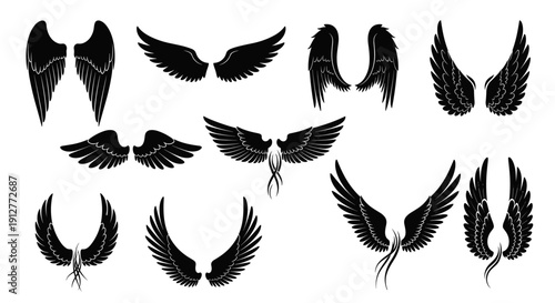 Set of vintage simple angel wings vector illustrations. Collection of gothic tribal tattoo style feathers. Heraldic emblem and badge design elements on white background.