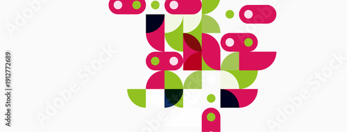 Abstract geometric shapes, pinks, greens, blues form dynamic composition. Clean design, modern aesthetic, simple background.