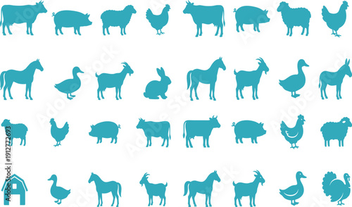 Black silhouette vector set of farm and wild animals icons including dog, horse, elephant, cow, cat, lion, tiger, giraffe, deer, goat and bird