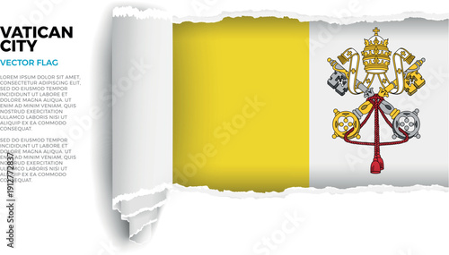 Flag of Vatican City. Flag revealed through torn paper rolled up on a transparent background