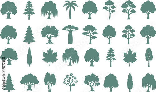 Set of green tree silhouettes including oak, pine, palm, and birch in a simple black vector illustration design