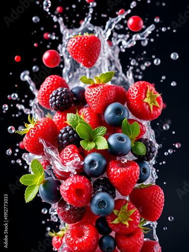 Vibrant mixed berries in splash, a delightful and refreshing display of freshness