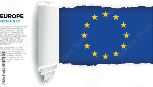 Flag of Europe. Flag revealed through torn paper rolled up on a transparent background