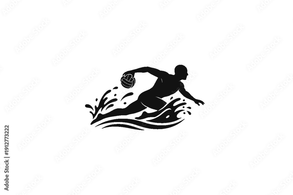 Fototapeta premium Water Polo Action Silhouette: A dynamic silhouette showcases a water polo player mid-action, propelling the ball amidst a flurry of aquatic spray and embodying the sport's energy.