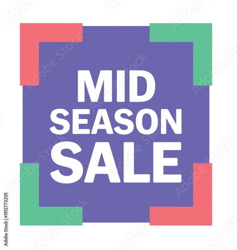 Square purple graphic features white text announcing a mid season sale framed by corner brackets.
