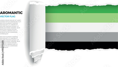Flag of the Aromantic. Flag revealed through torn paper rolled up on a transparent background